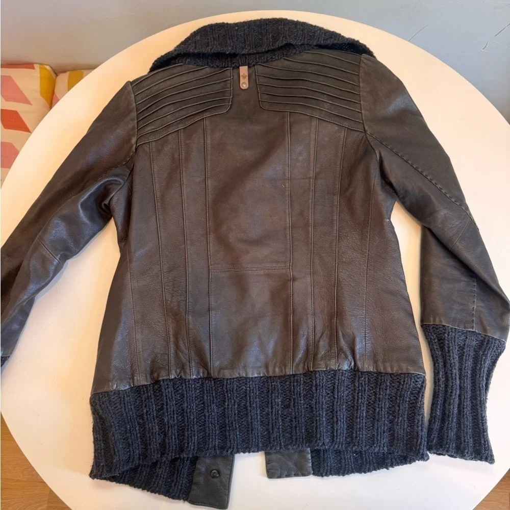 Mackage brown leather jacket size M with big buttons and zipper and knit accents